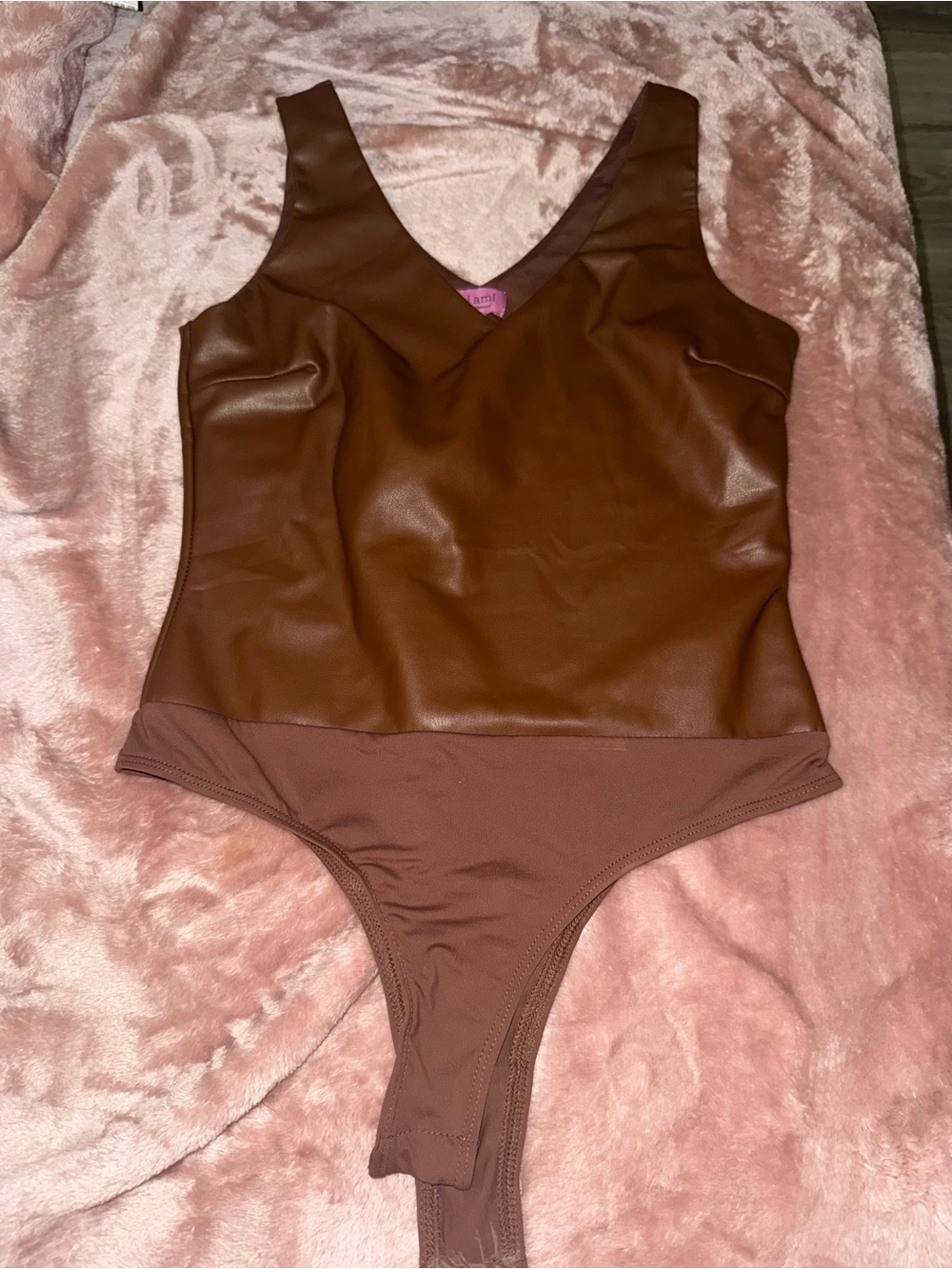 Brown Faux Leather V-Neck Bodysuit